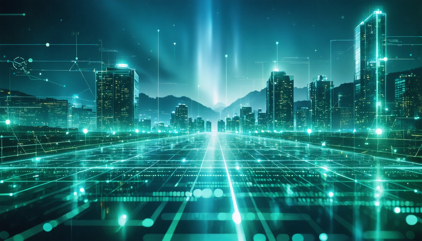 Cool-toned infrastructure overview with schematic overlay feel